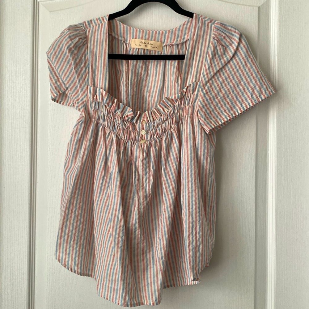 Isabella Sinclair XS top. Red blue stripe. Cinched front top.